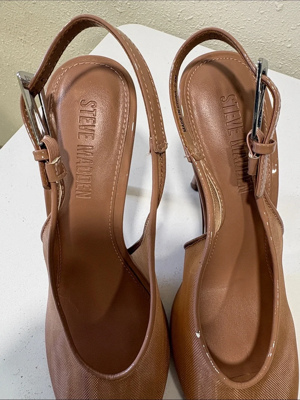 Steve Madden Prescott Tan Peep-Toe Slingback Heels